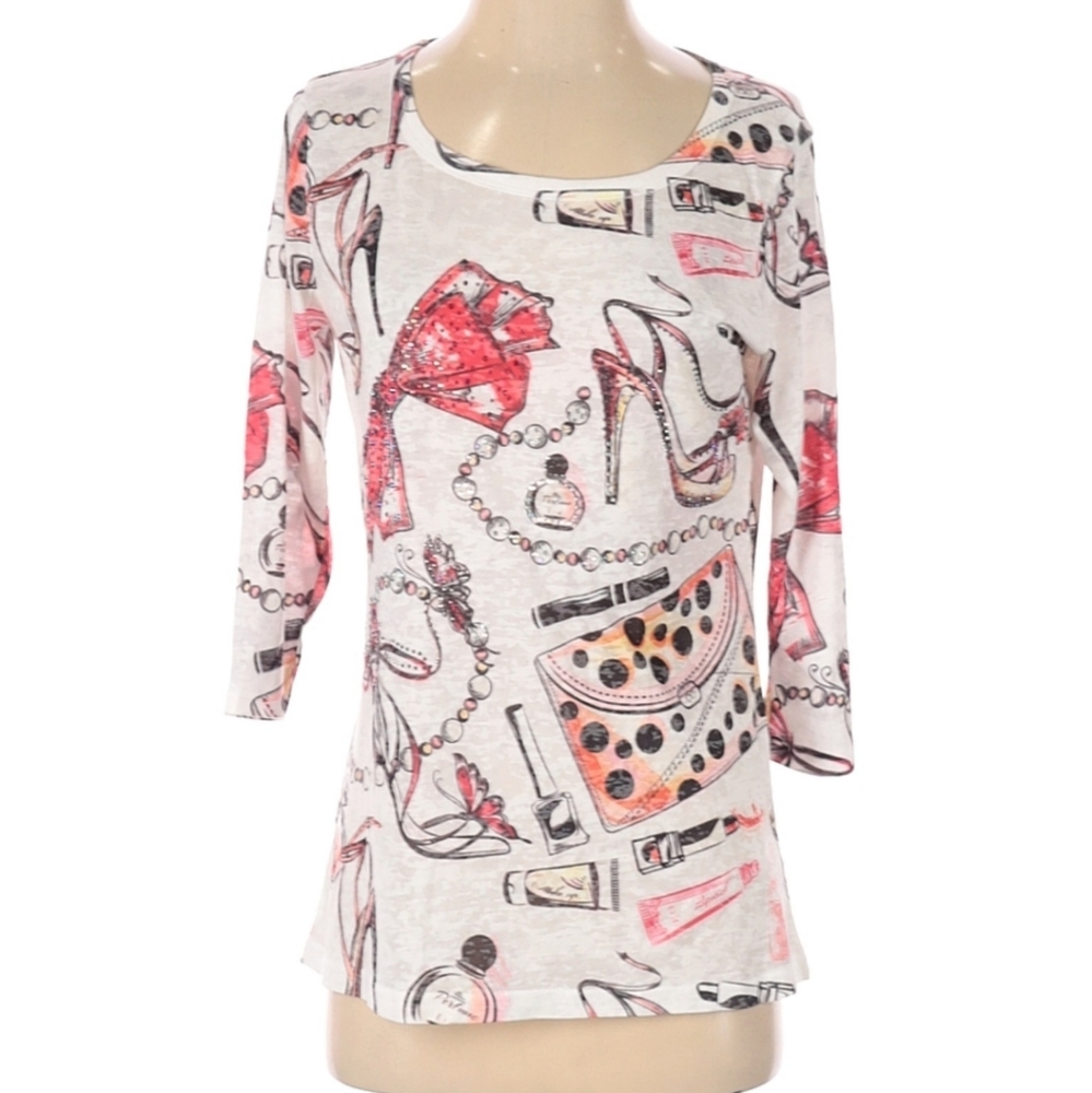 Fashion graphic print tee with rhinestones novelty lipstick shoes  perfume purs